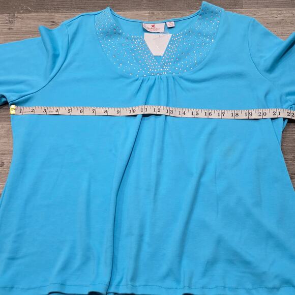 Quacker Factory Blue V Neck Rhinestone Accent 3/4 Sleeve Knit Shirt - Picture 4 of 11